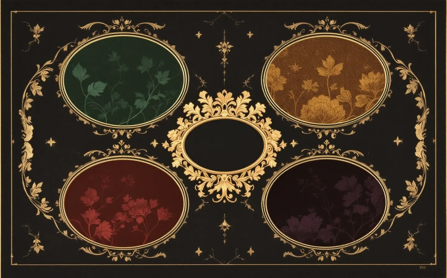 Engraved Victorian apothecary frontispiece of four ornately gilt-framed abstract specimen vignettes in emerald, copper, oxblood and amethyst on a dark oxblood-ink ground, representing the four peptides of the KLOW blend