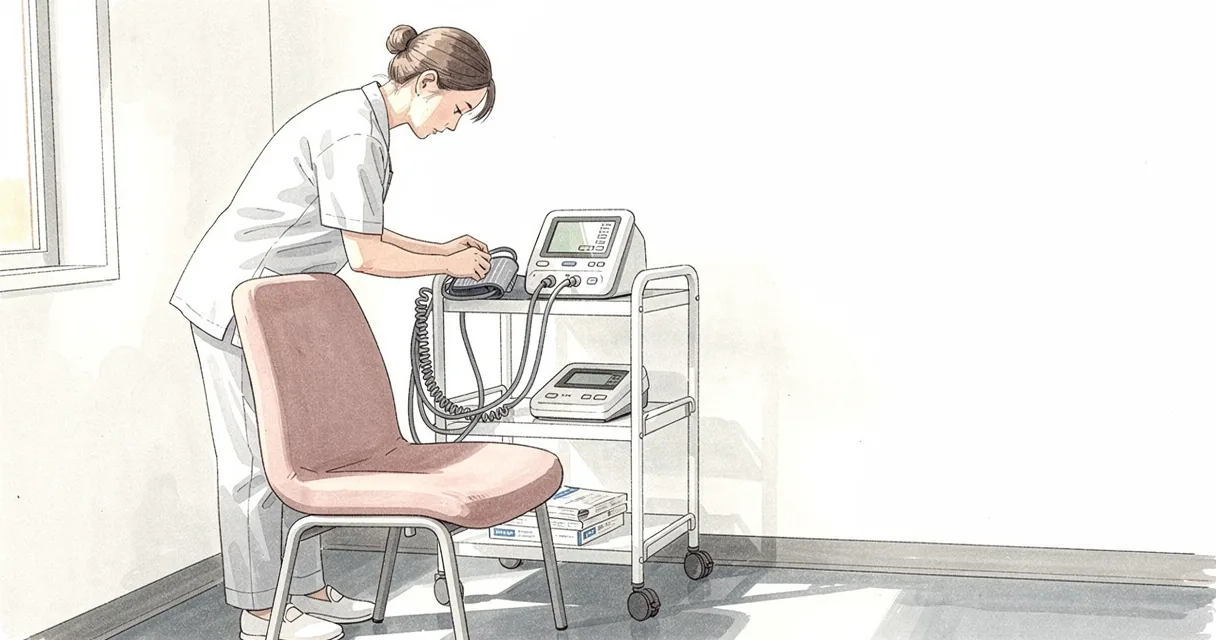 Gouache illustration of a staff member checking equipment beside an empty observation chair.