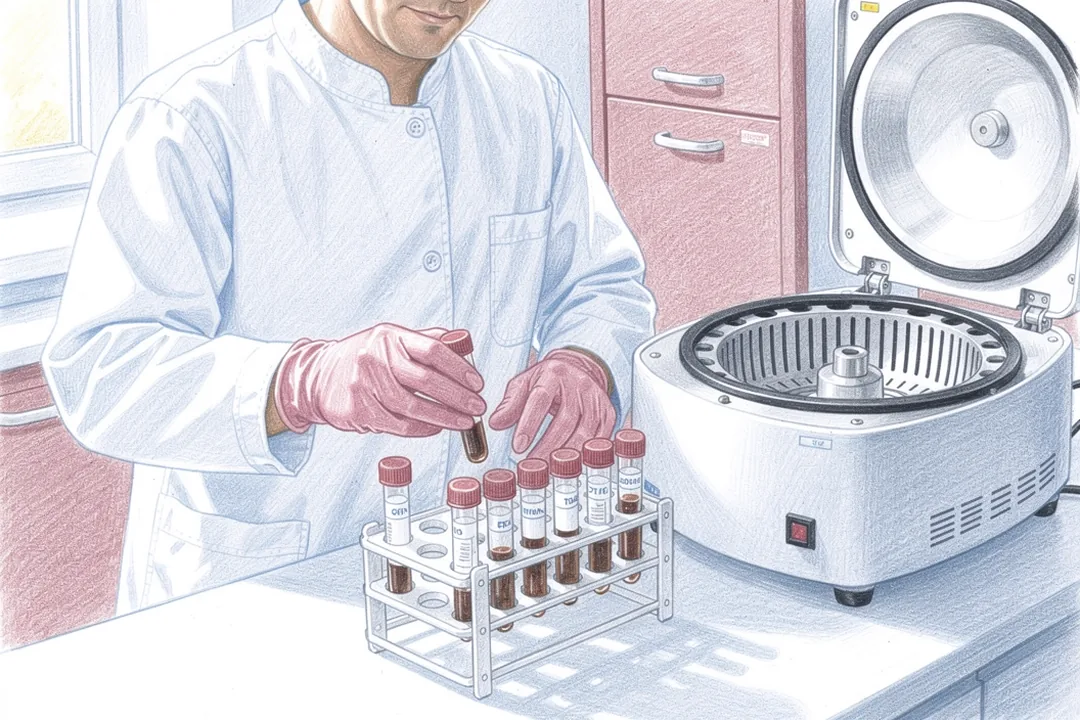 Illustration of a technician arranging capped sample tubes beside an open centrifuge.