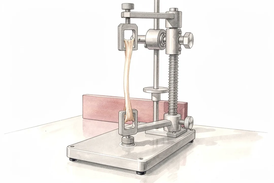 Illustration of a pale tendon specimen gripped inside a mechanical testing frame.